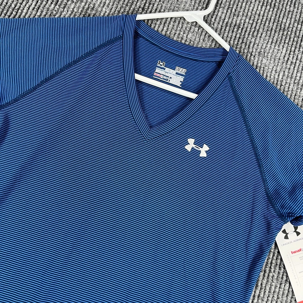 Under Armour Semi Fitted Shirt Womens Small Blue Striped V Neck Heat Gear New